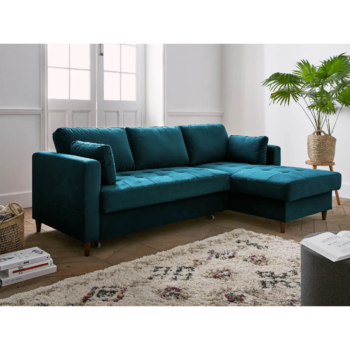 LISA DESIGN Anna - canap&eacute; d'angle droit - 4 places - convertible avec coffre - en velours