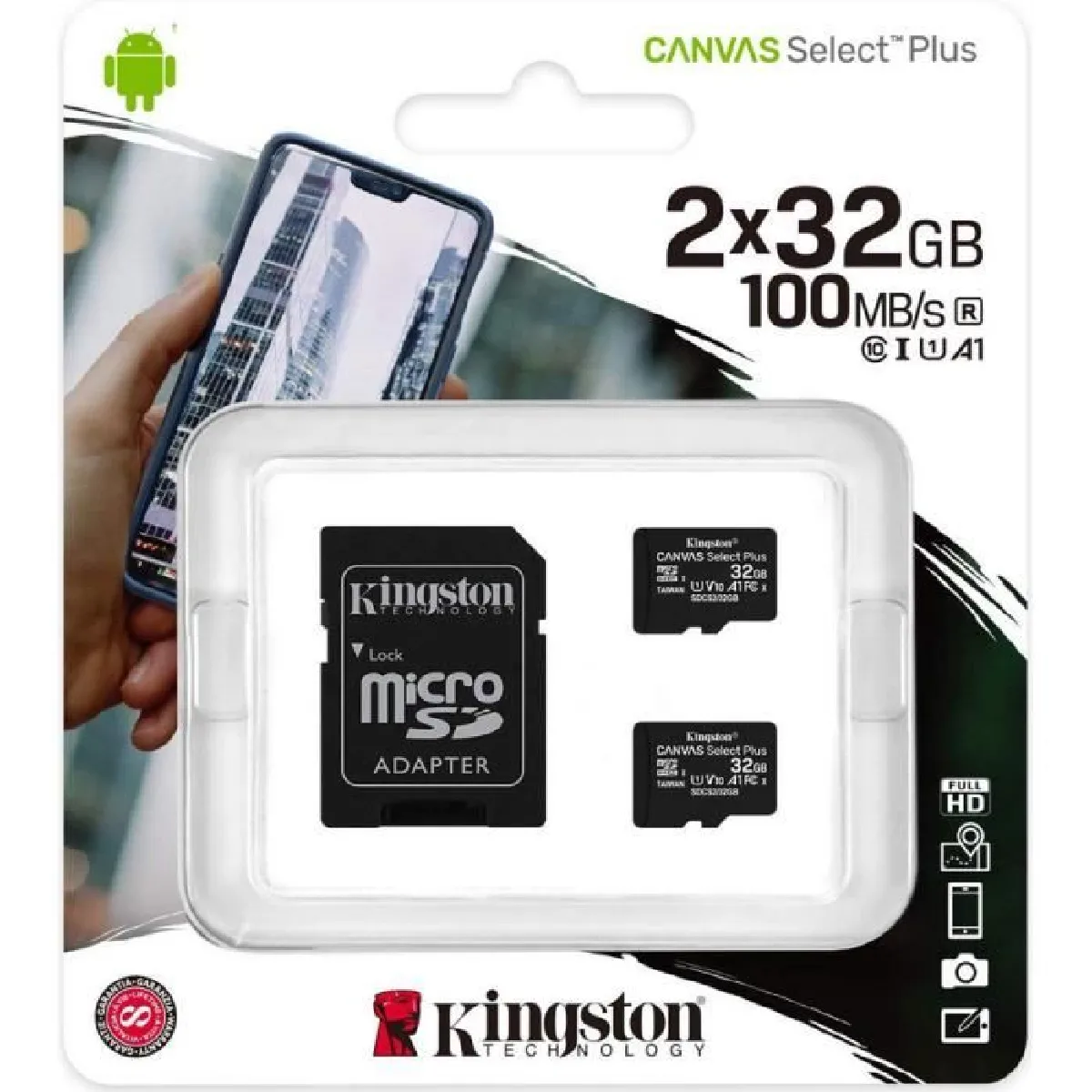 Kingston SDCS2/32GB-2P1A Canvas Select Plus microSDCard Class 10 (2x cardsSD Adaptateur)