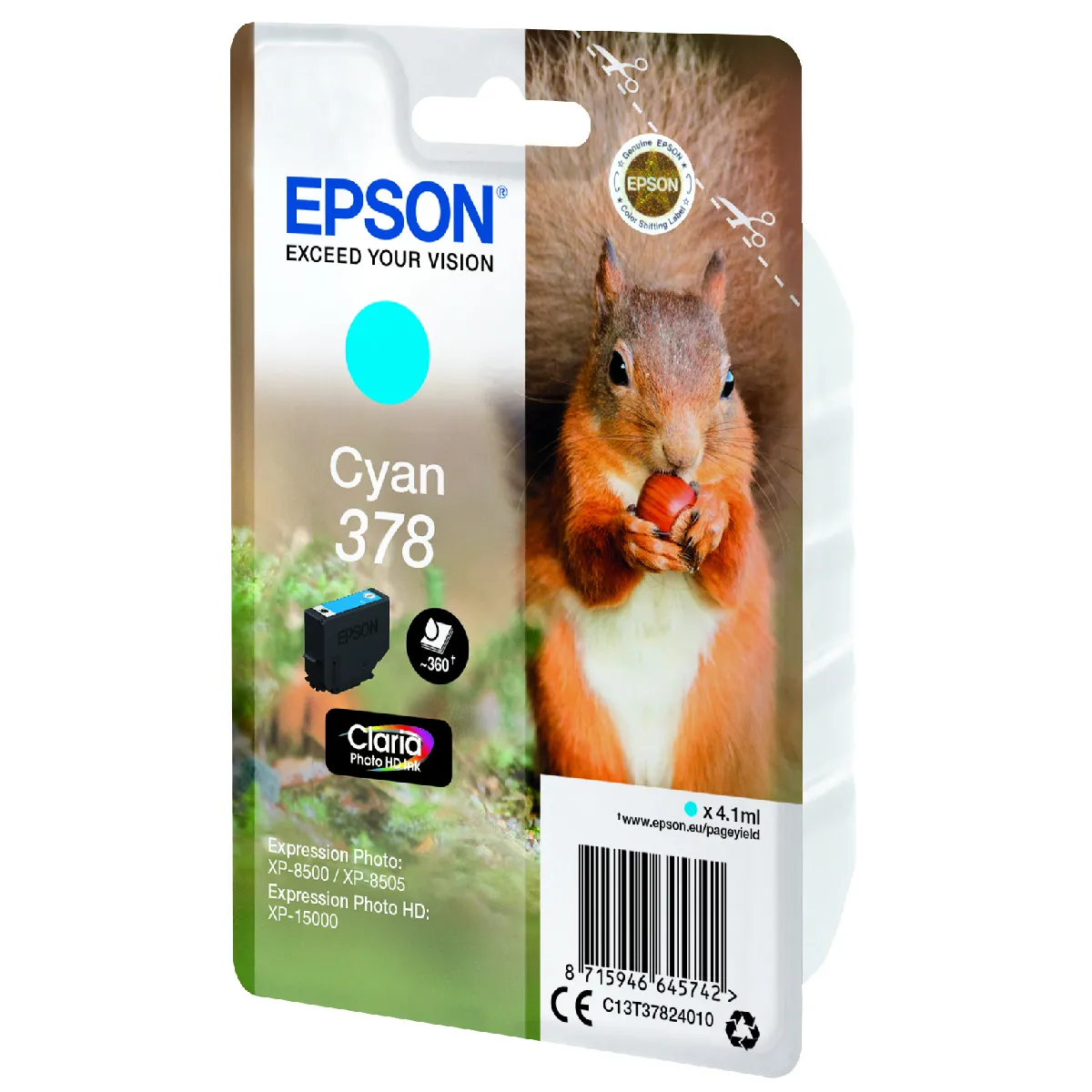 Epson 378 4.1 ml cyan original emballage coque avec alarme radioélectrique/ acoustique cartouche d'encre pour Expression Home XP 8605 8606 Expression Home HD XP 15000 Expression Photo XP 8500 8700 - vue 2