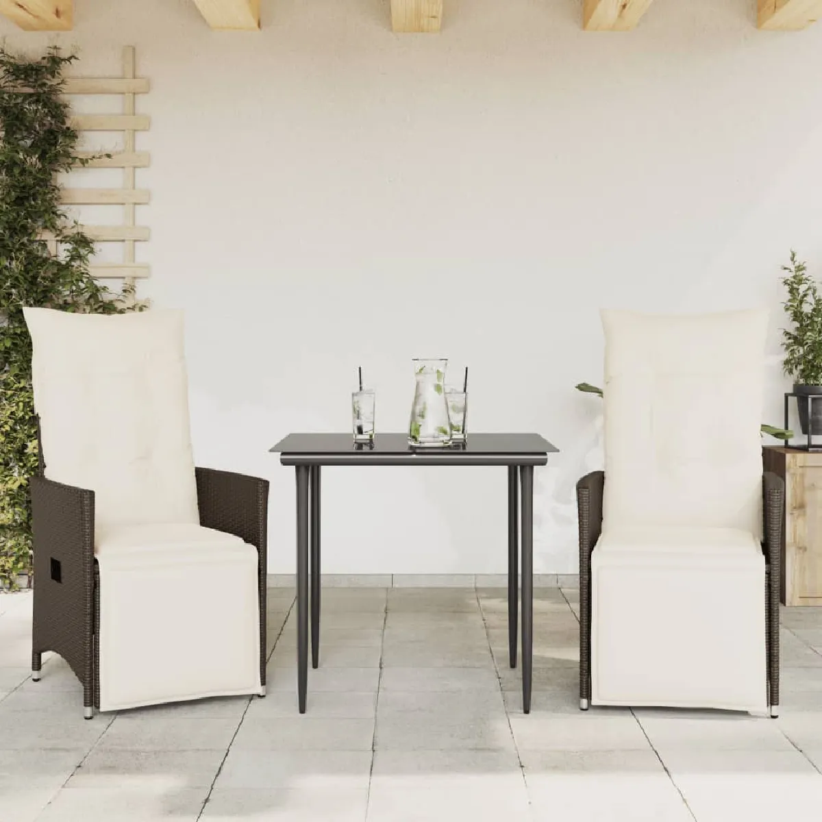 vidaXL Chaises inclinables de jardin avec coussins - Rotin - Marron - Lot de 2