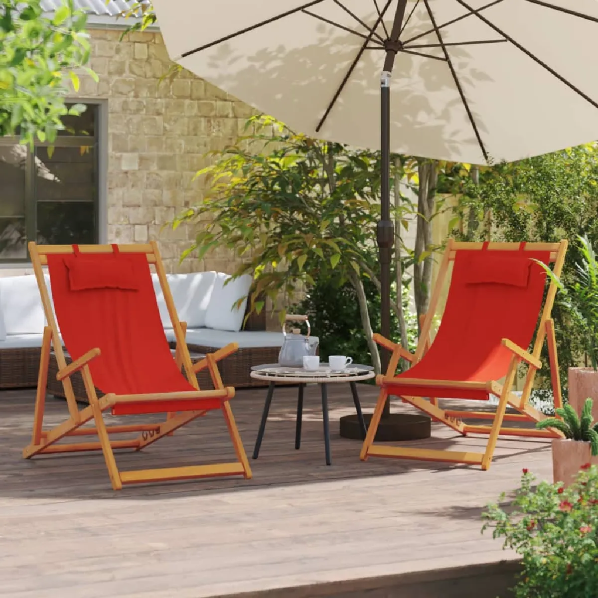 vidaXL Chaises de plage pliables eucalyptus - Lot de 2 avec tissu rouge