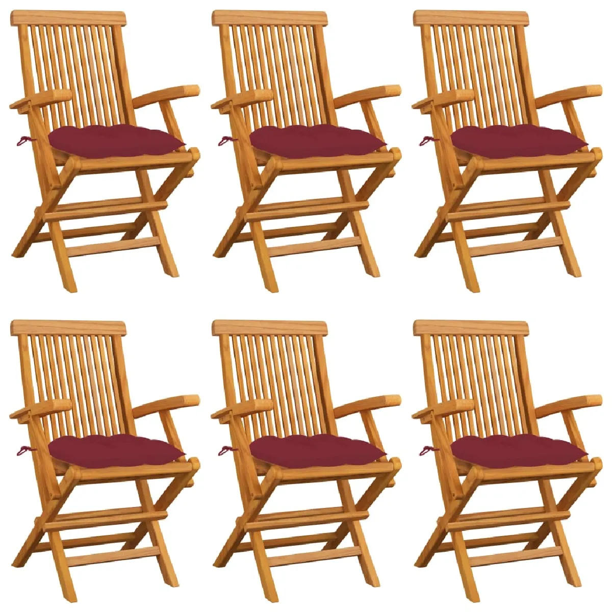 vidaXL Chaises de jardin teck massif - Lot de 6 avec coussins vin rouge
