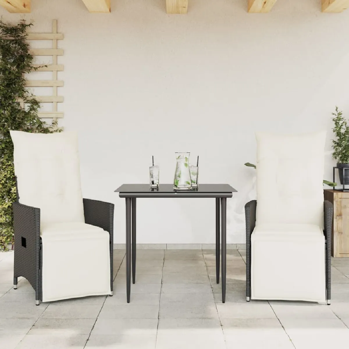 vidaXL Chaises inclinables de jardin - Résine tressée - Coussins noir