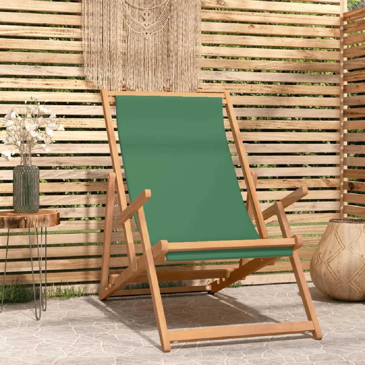 vidaXL Chaise de plage pliable bois de teck solide vert