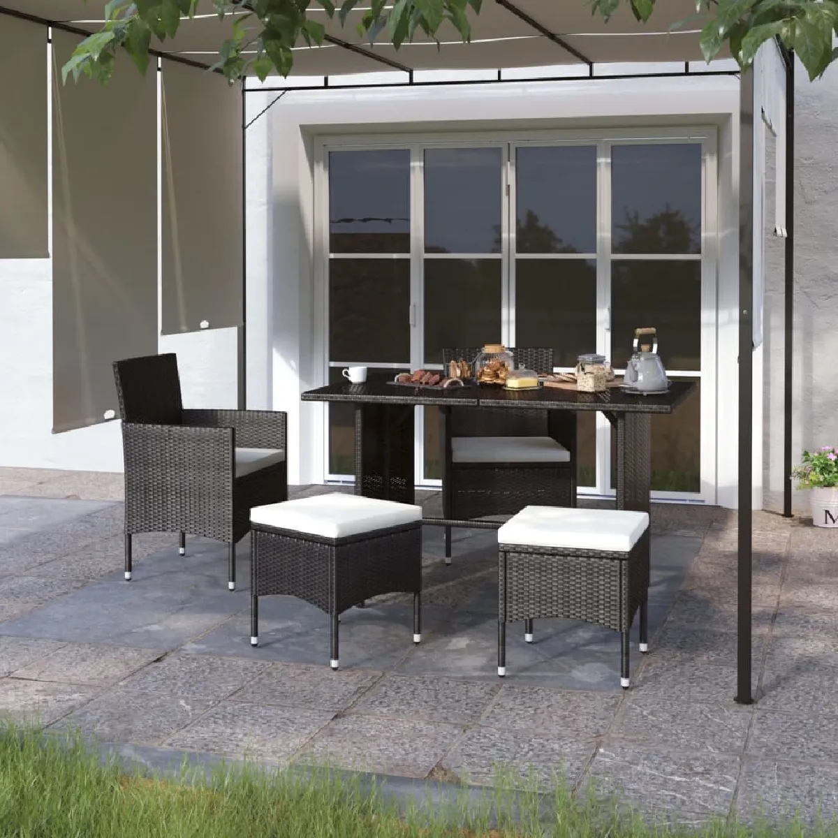 vidaXL Jeu de chaise et tabouret de jardin - Noir