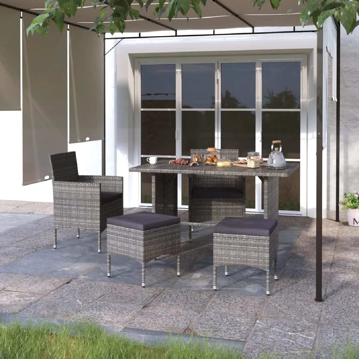 vidaXL Set de chaises et tabourets de jardin - 4 pcs - Gris
