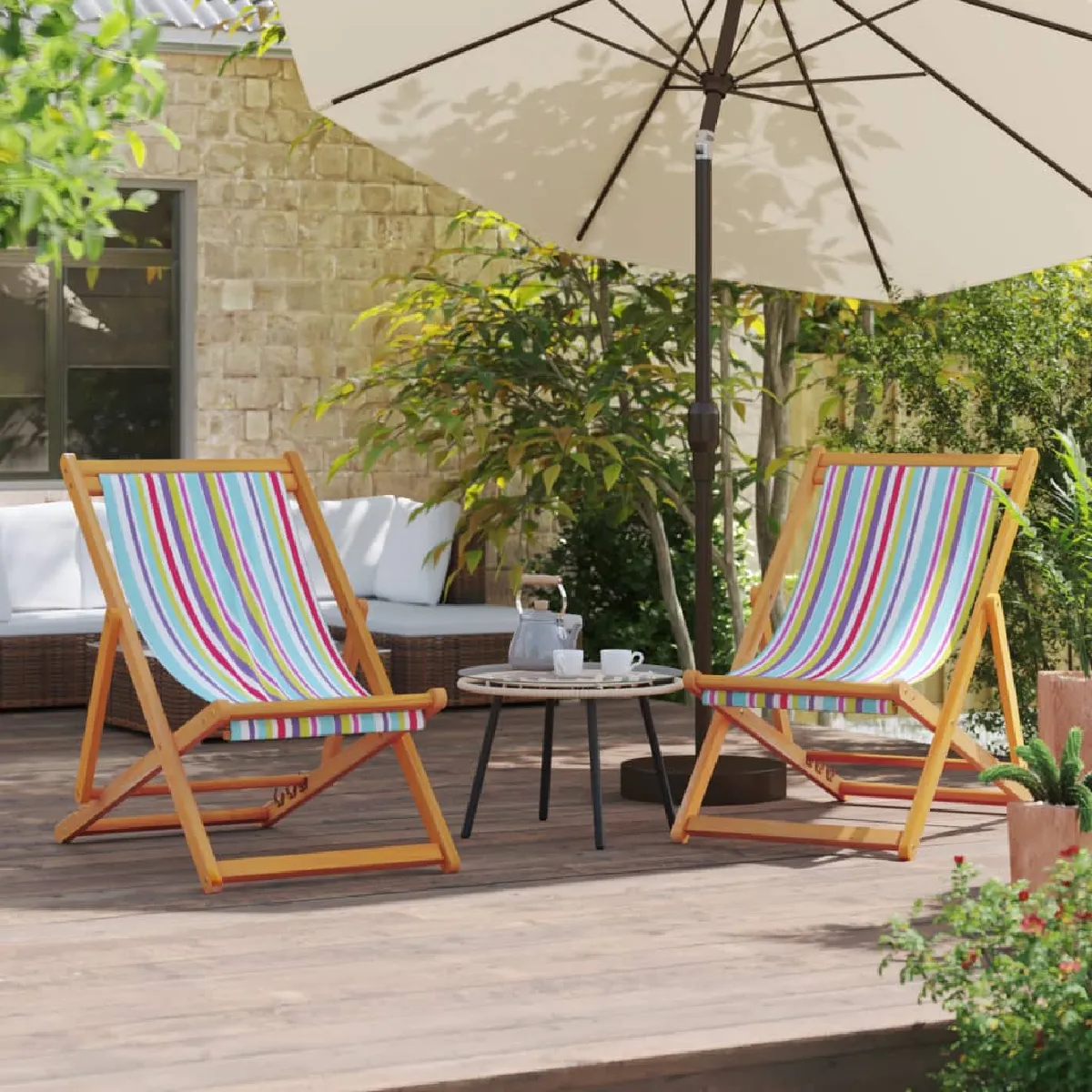 vidaXL Chaises de plage pliantes lot de 2 Bois et tissu - vue 7