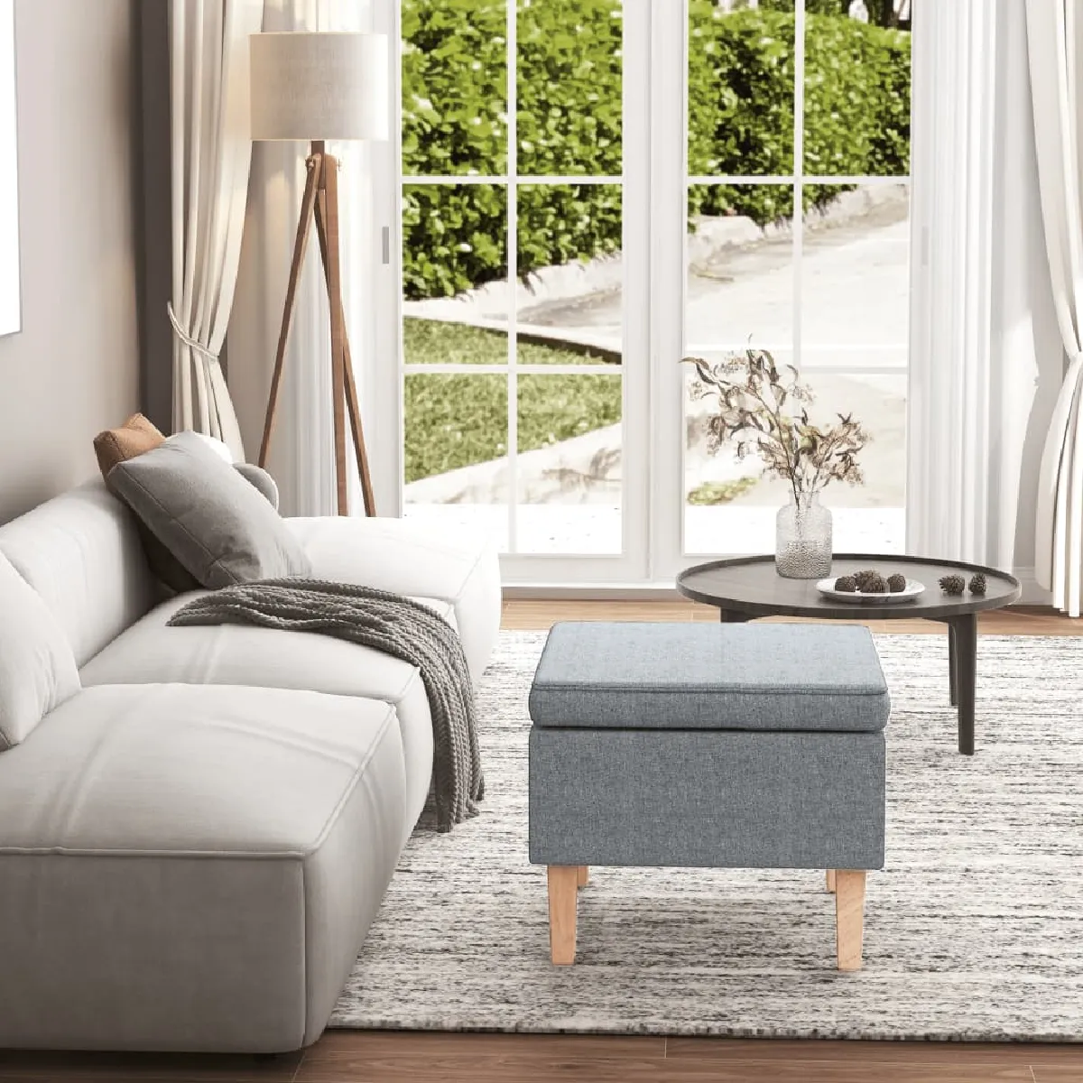 Non Communiqué Gris Tabouret Avec Pieds En Bois Clair Tissu - Image 3
