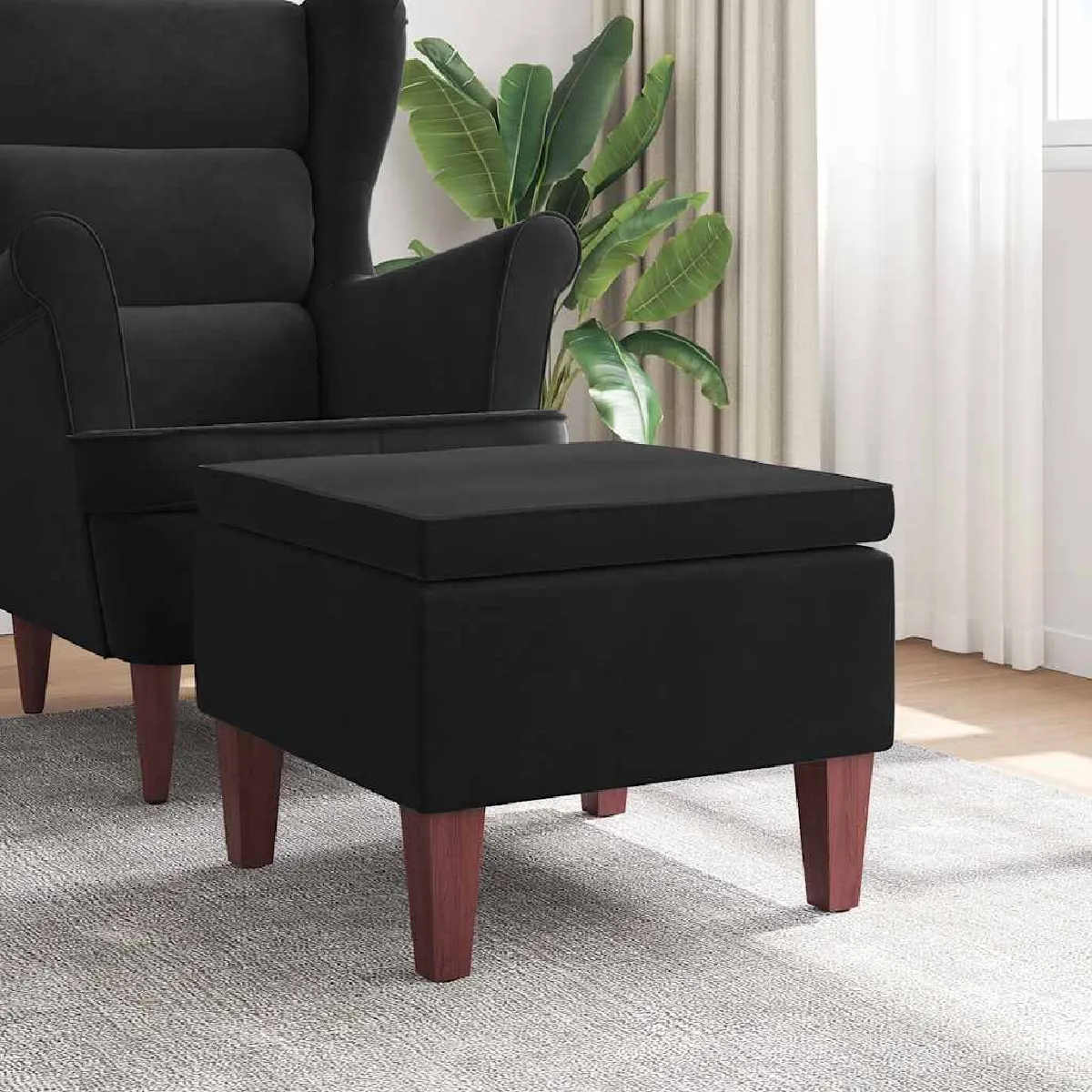 Non Communiqué Noir Tabouret Avec Pieds En Bois Velours - Image 3