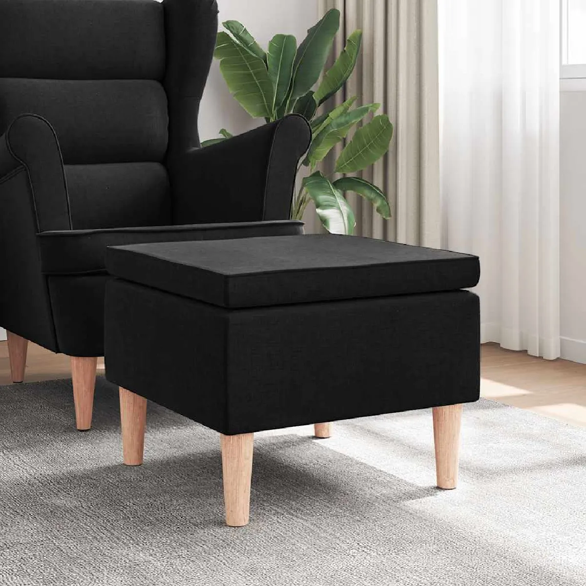 Non Communiqué Noir Tabouret Avec Pieds En Bois Tissu - Image 3