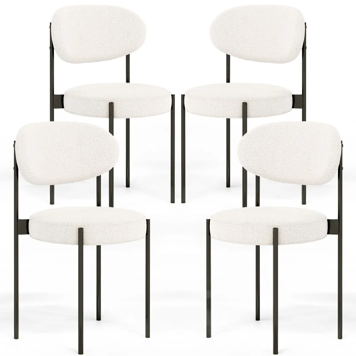 Lot de 4 - Chaise de salle à manger en bouclette fausse fourrure Tapissée - Boucles Blanches - Métal noir - Margot Blanc