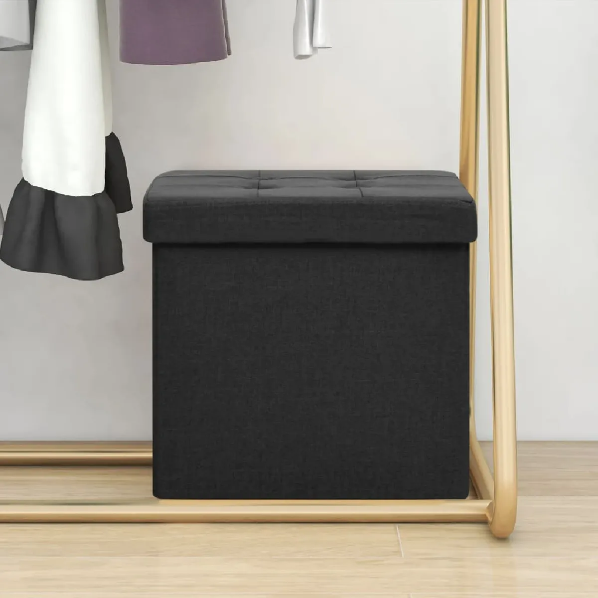 Non Communiqué Noir Tabouret De Rangement Pliable Faux Lin - Image 3