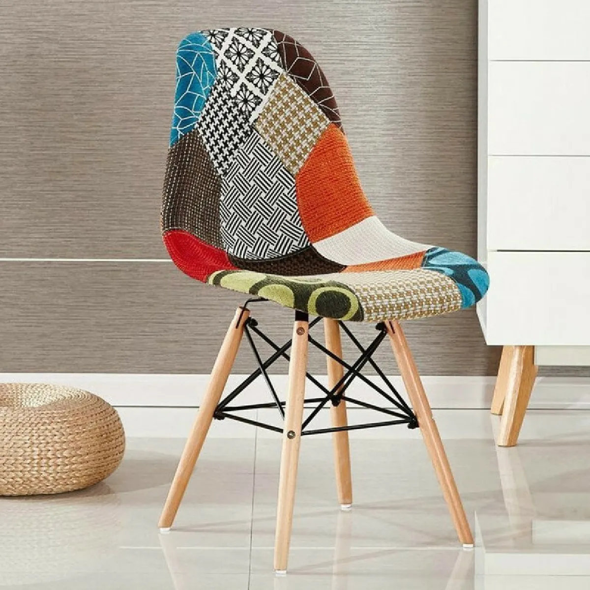 Lot De 4 Chaises De Salle à Manger Style Nordique - Assise Patchwork Rouge, Structure Hêtre