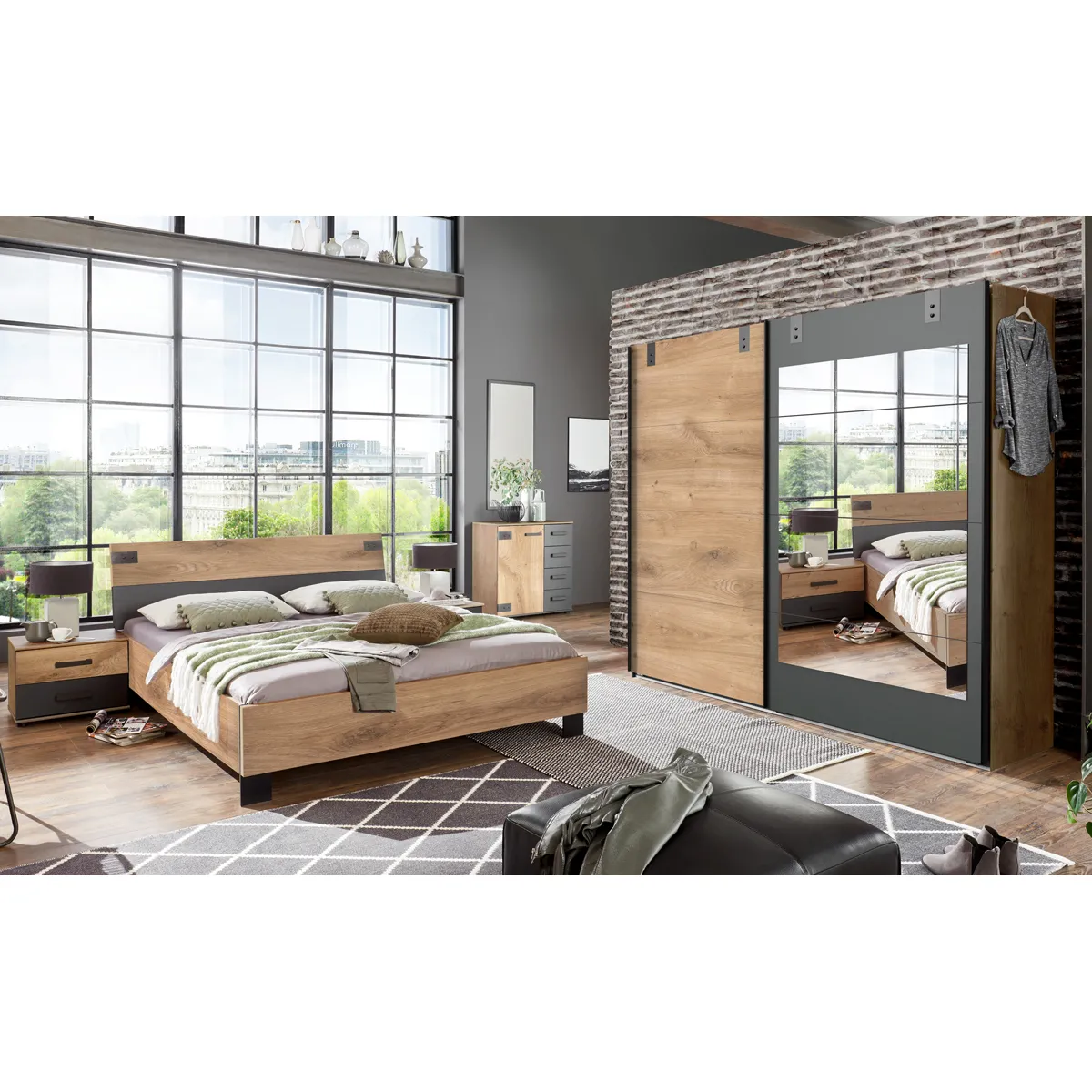 Pegane Chambre adulte complète lit 2 places - Chêne foncé Pegane Chambre adulte complète lit 2 places - Chêne foncé
