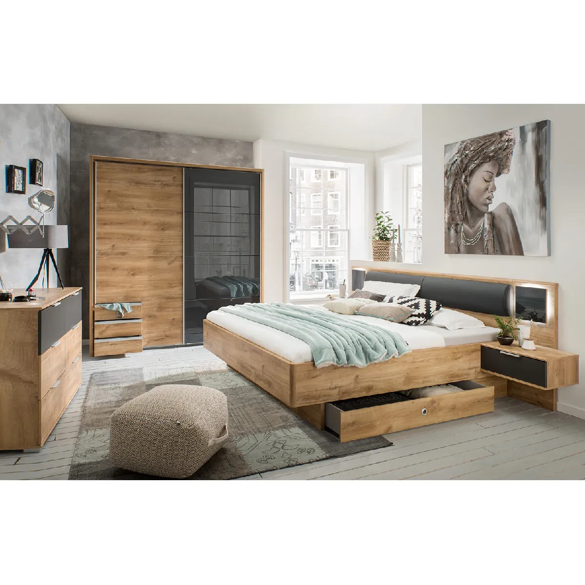 Pegane Ensemble chambre adulte imitation chêne poutre/graphite