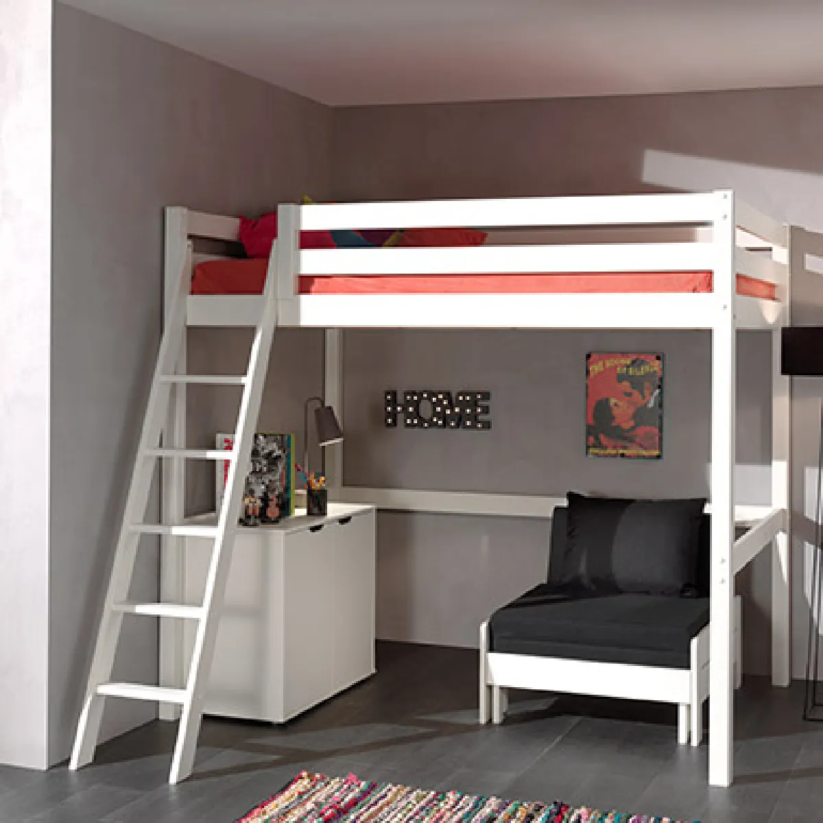Mes Chambre enfant lit surélevé avec fauteuil et commode - Blanc