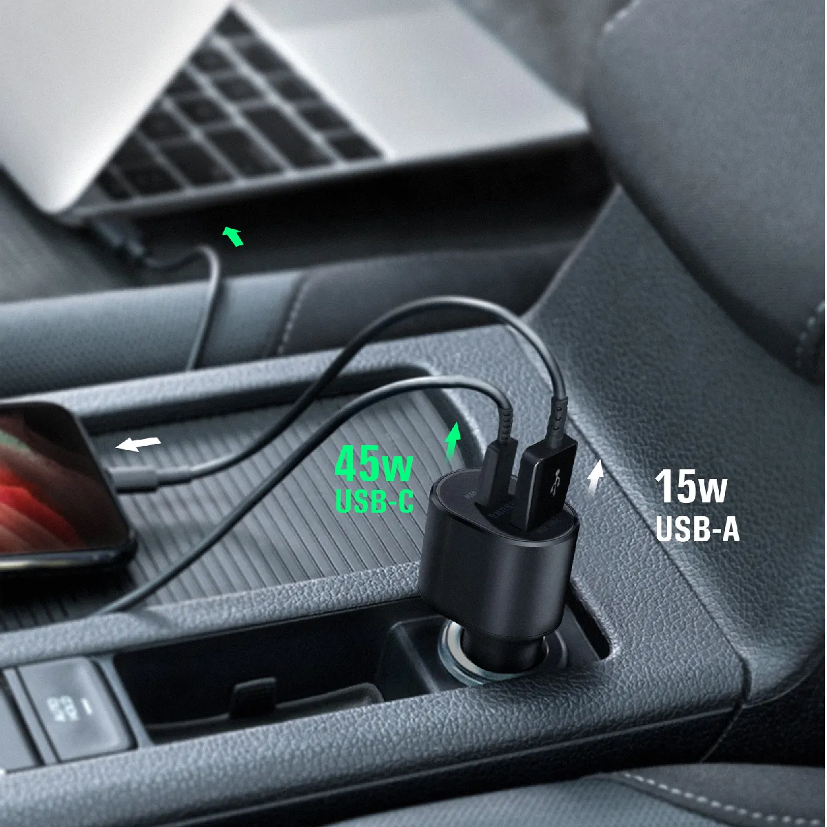 Chargeur Allume-cigare 3 En 1 SUNGUY - Ultra Compact, 30W Max, Compatible 12V/24V - Pour IPhone, Galaxy, IPad (câble Enroulable 80 Cm)