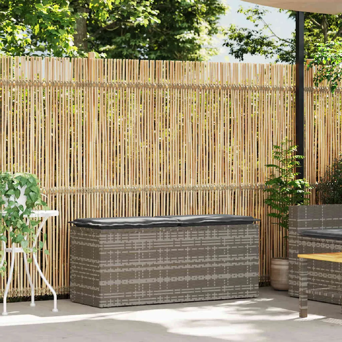 Vidaxl Banc de jardin avec coussin gris 110x40x44 cm résine tressée - vue 2