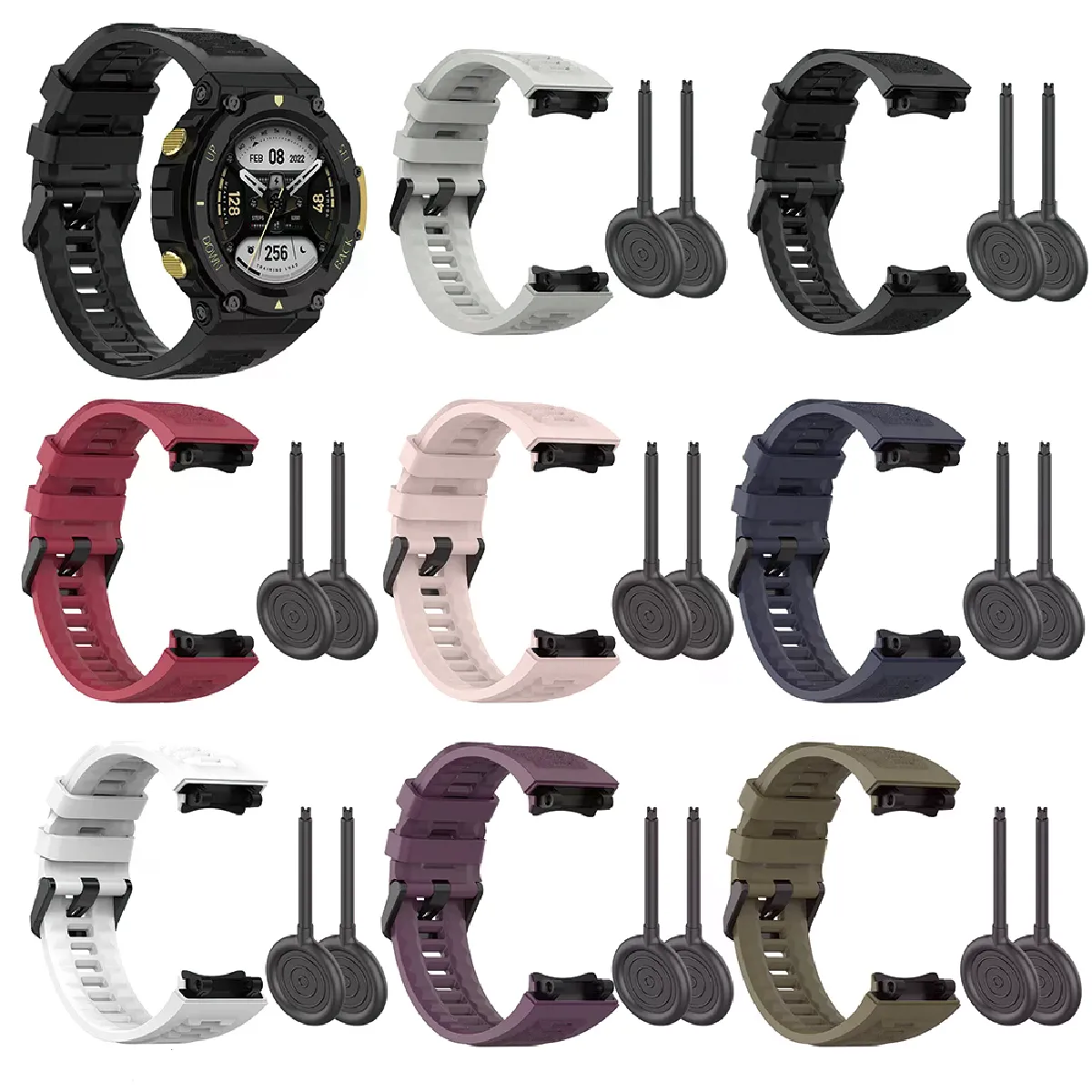 Amazfit T-Rex 2 A2169 Bracelet - Noir, Bleu foncé, Vert jungle, Gris rock, Rose, Violet, Rouge, Blanc
