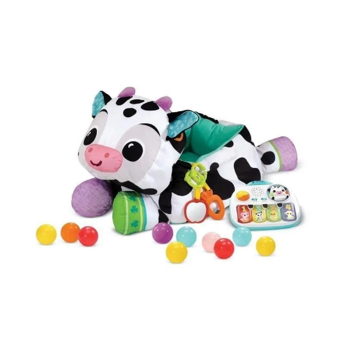Maxi Peluche Piscine à Balles Musicale Piscine à Balles Bébé 3 en 1 Peluche Géante Vache Sensorielle et Évolutive Piano Lumineux Hochets Cadeau Bébé Dès Contenu en Français