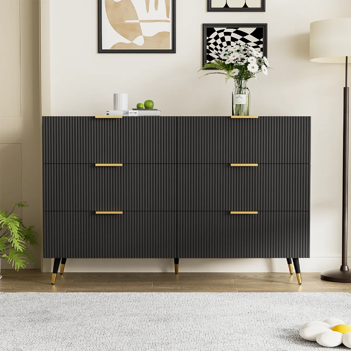 Merax Commode 6 tiroirs - Noir et or