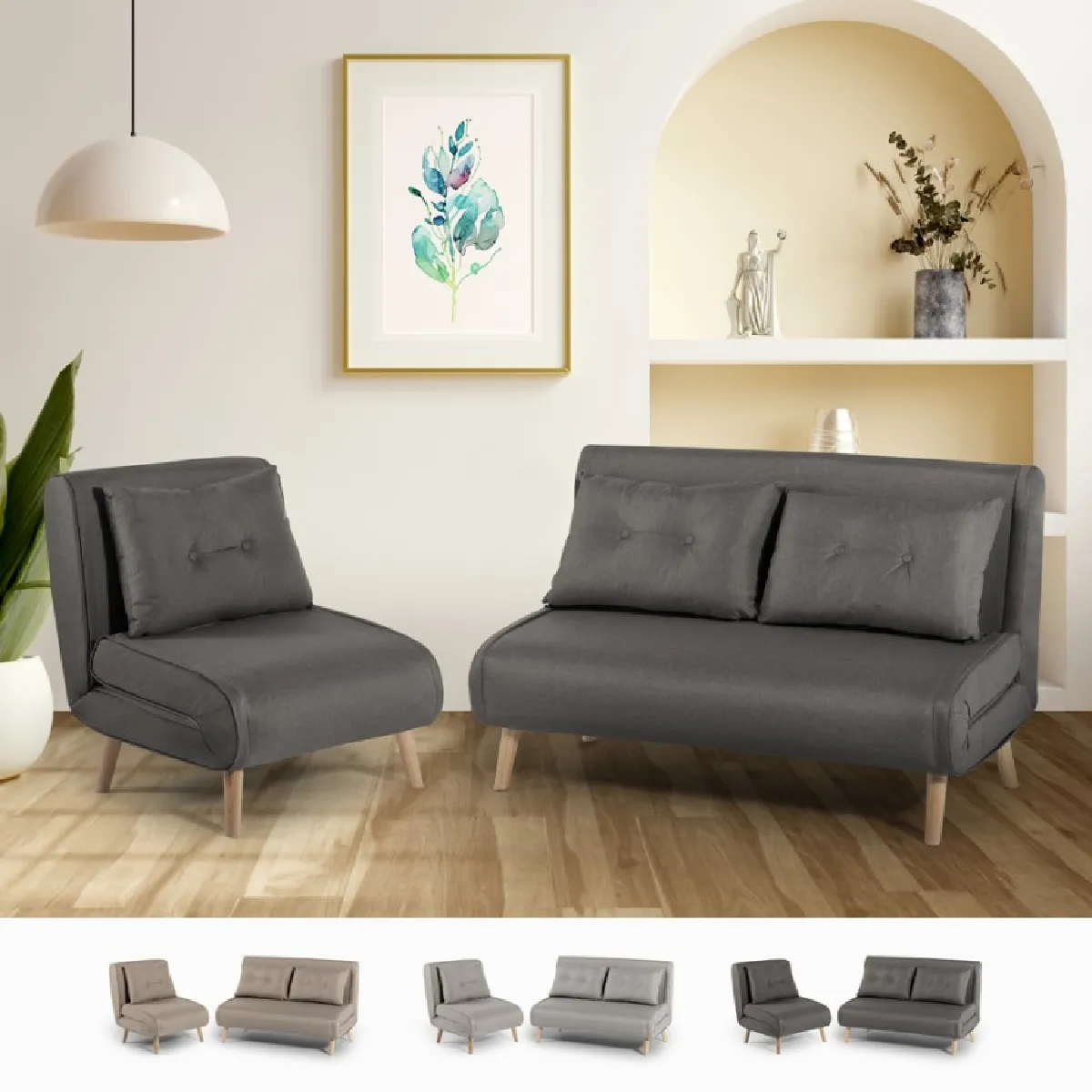 Canapé lit 2 places + fauteuil pliable tissu style scandinave Sienna - Gris foncé Canapé lit 2 places + fauteuil pliable tissu style scandinave Sienna - Gris foncé
