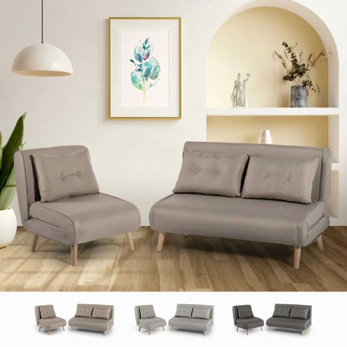 Canapé lit 2 places + fauteuil pliable tissu style scandinave Sienna - Beige Canapé lit 2 places + fauteuil pliable tissu style scandinave Sienna - Beige