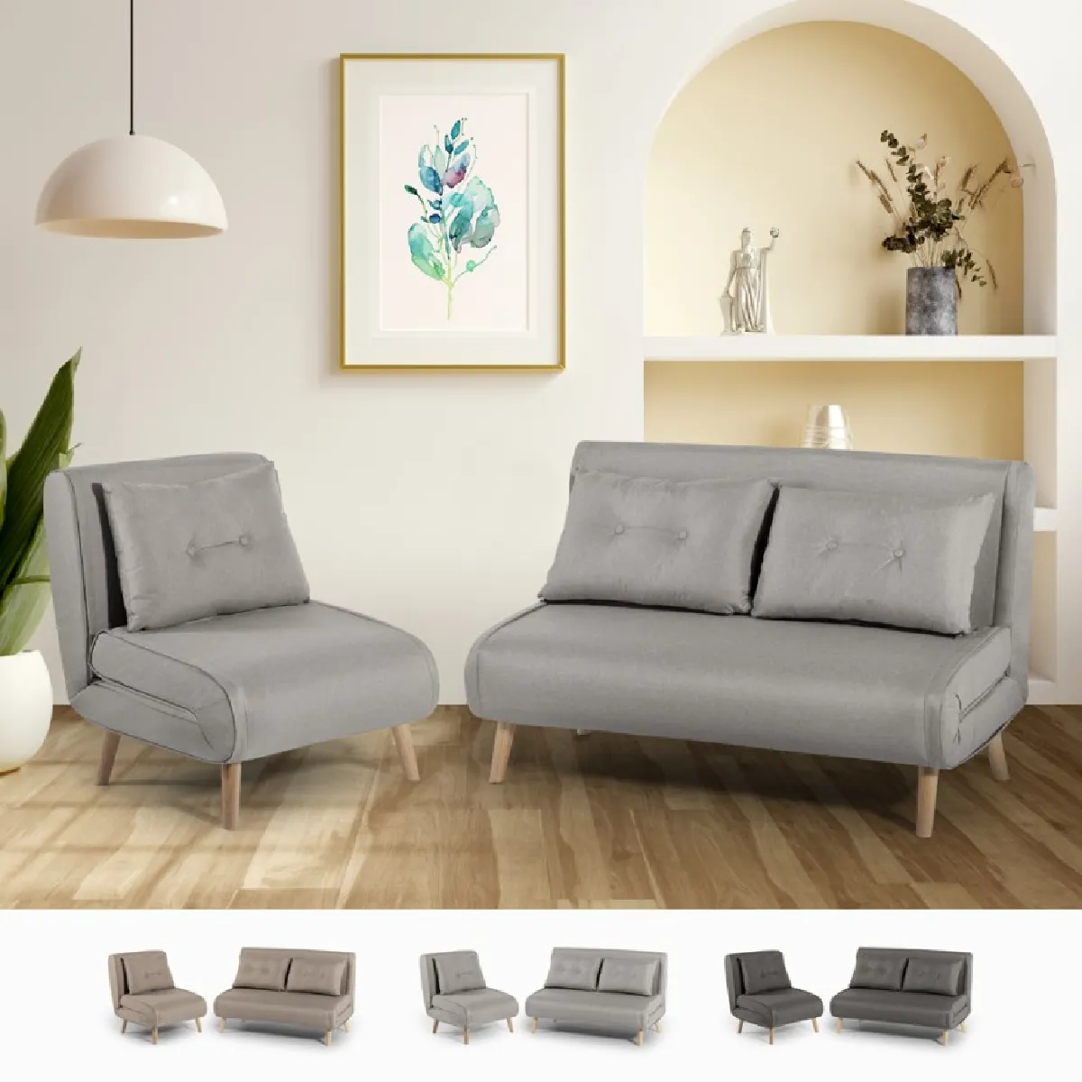 Canapé lit 2 places + fauteuil pliable tissu style scandinave Sienna - Gris Canapé lit 2 places + fauteuil pliable tissu style scandinave Sienna - Gris