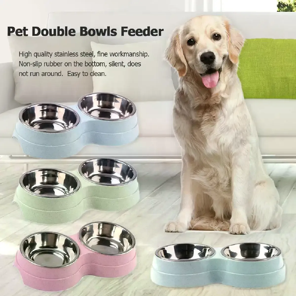 Comparer les prix de Bol Double en acier inoxydable pour chien, bol à eau pour chiot, universel pour animaux de compagnie, fournitures pour chiens et chats, bol d'eau 3 couleurs