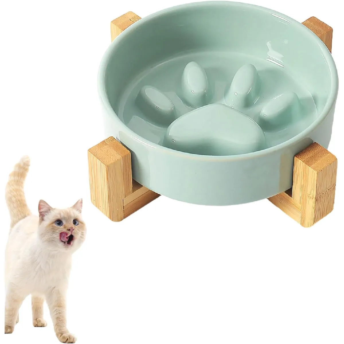 Meilleurs prix pour Gamelle Anti Glouton Céramique avec Support Bois Vert