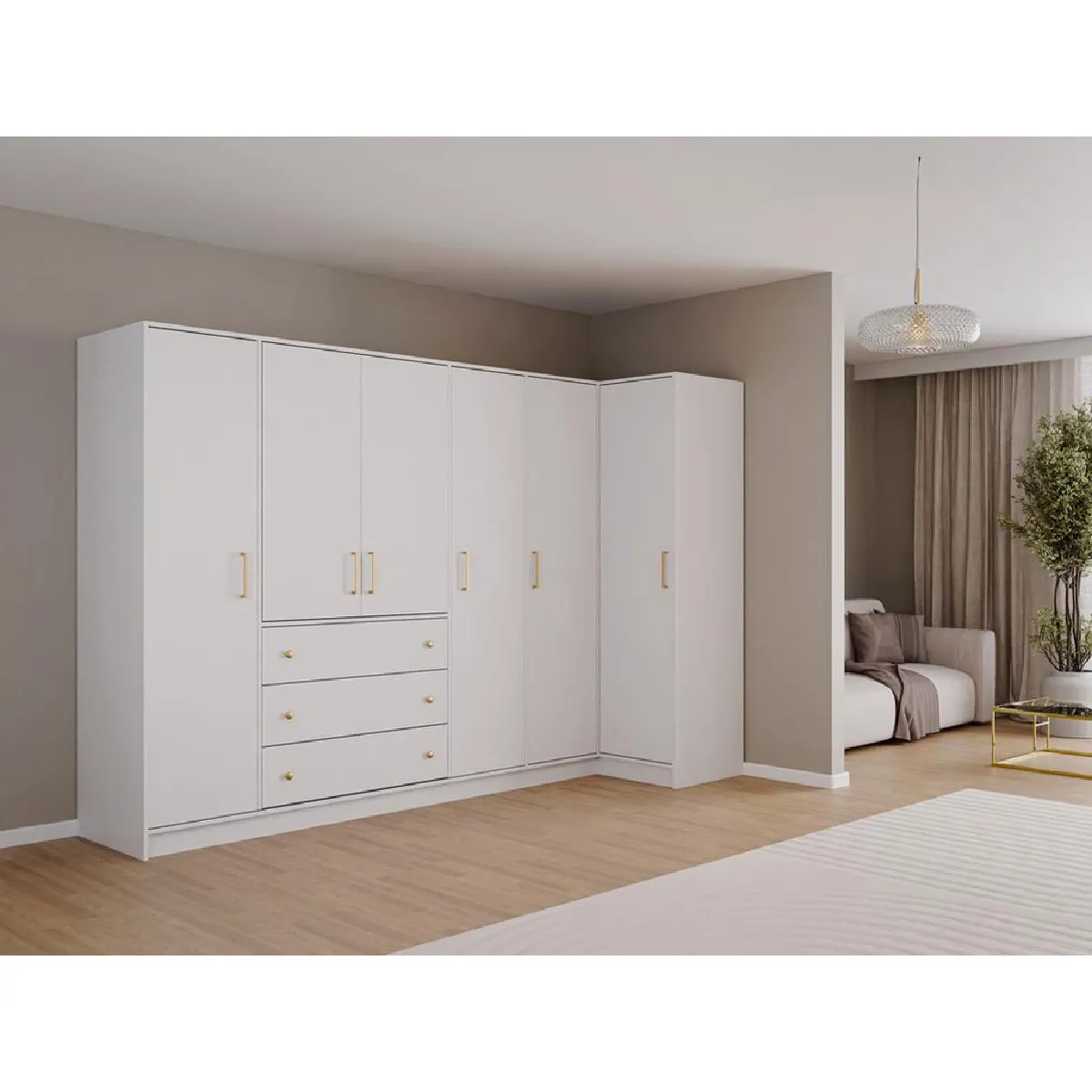 Armoire d'angle 6 portes et 3 tiroirs - L311 cm - Blanc - LIZANDRO Armoire d'angle 6 portes et 3 tiroirs - L311 cm - Blanc - LIZANDRO