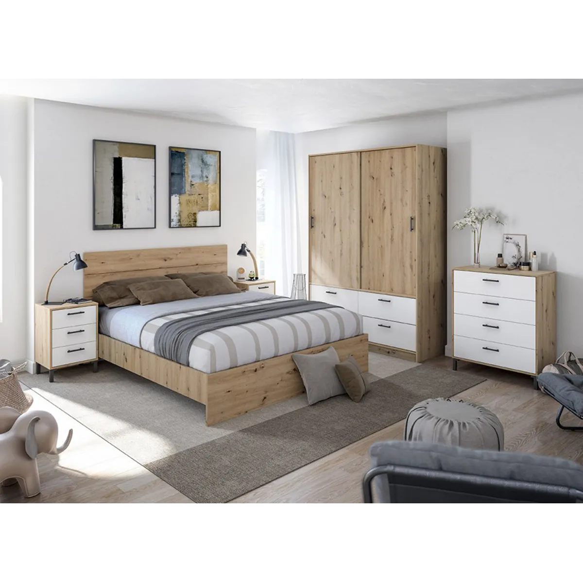 Pegane Ensemble chambre blanc artic/chêne nordique