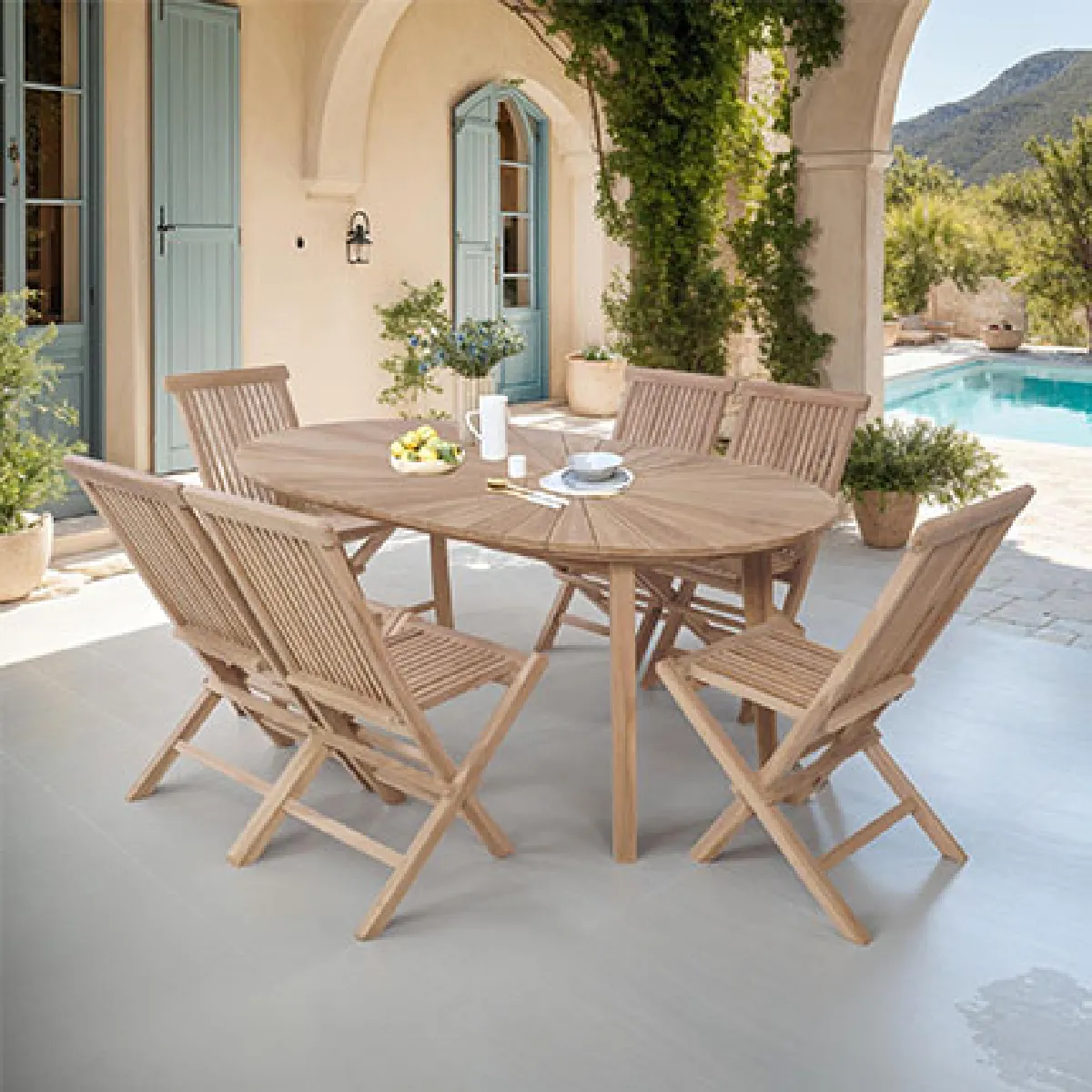 Mes Ensemble table jardin teck 6 chaises - Naturel