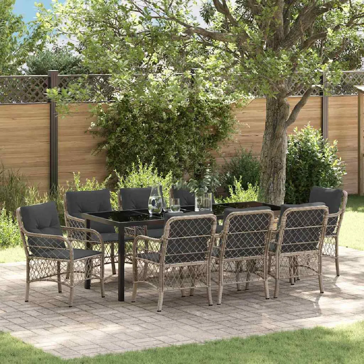 vidaXL Ensemble de dîner de jardin 9 pièces avec coussins Poly Rattan - vue 7