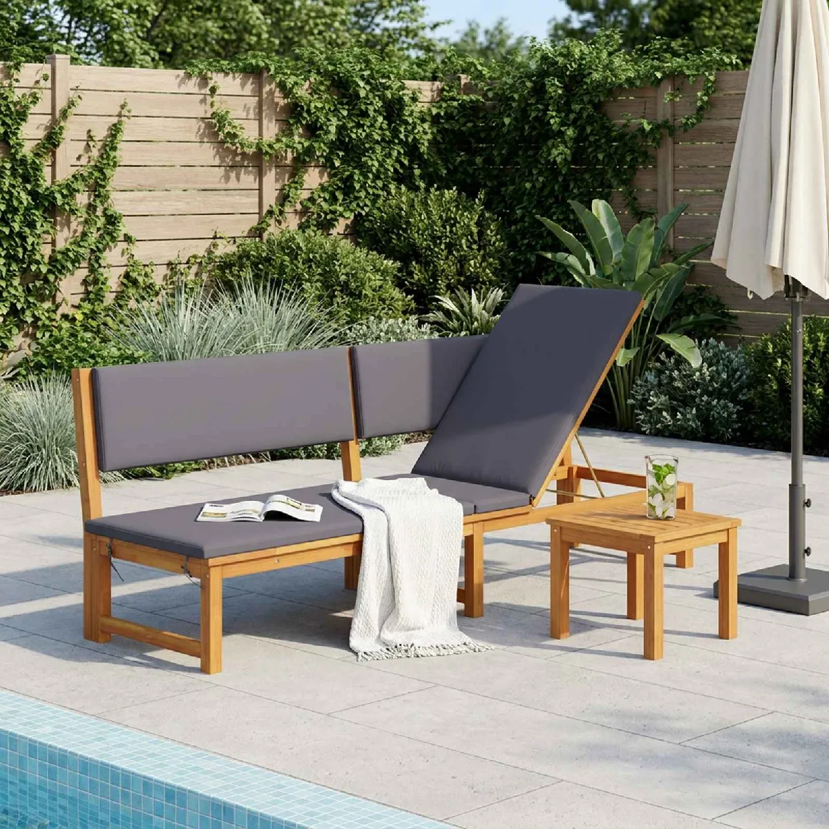 vidaXL Chaise longue 3 en 1 avec coussins en bois d'acacia