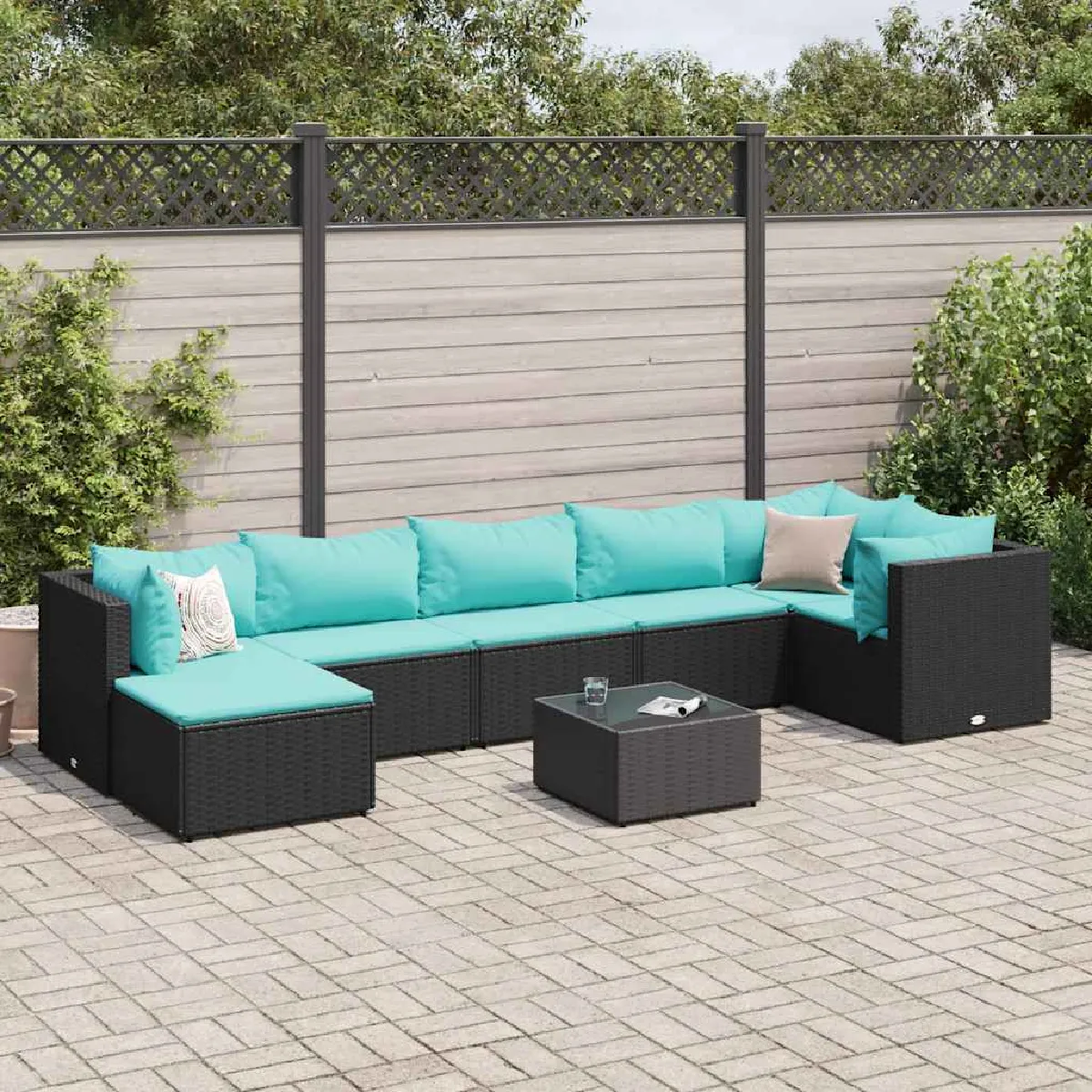 vidaXL Salon de jardin 8 pcs avec coussins noir résine tressée