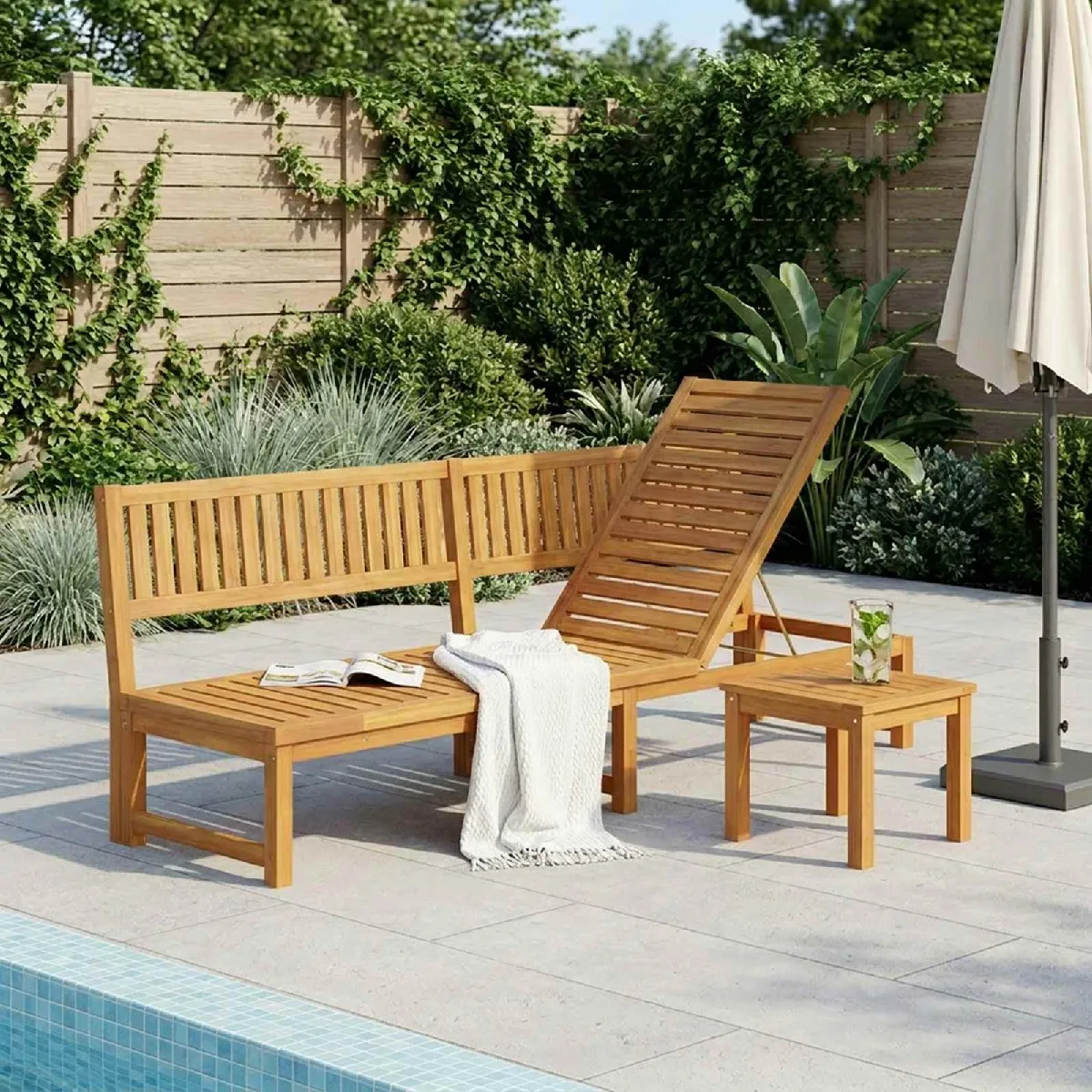 vidaXL Chaise longue 3 en 1 avec coussins en bois d'acacia - vue 2