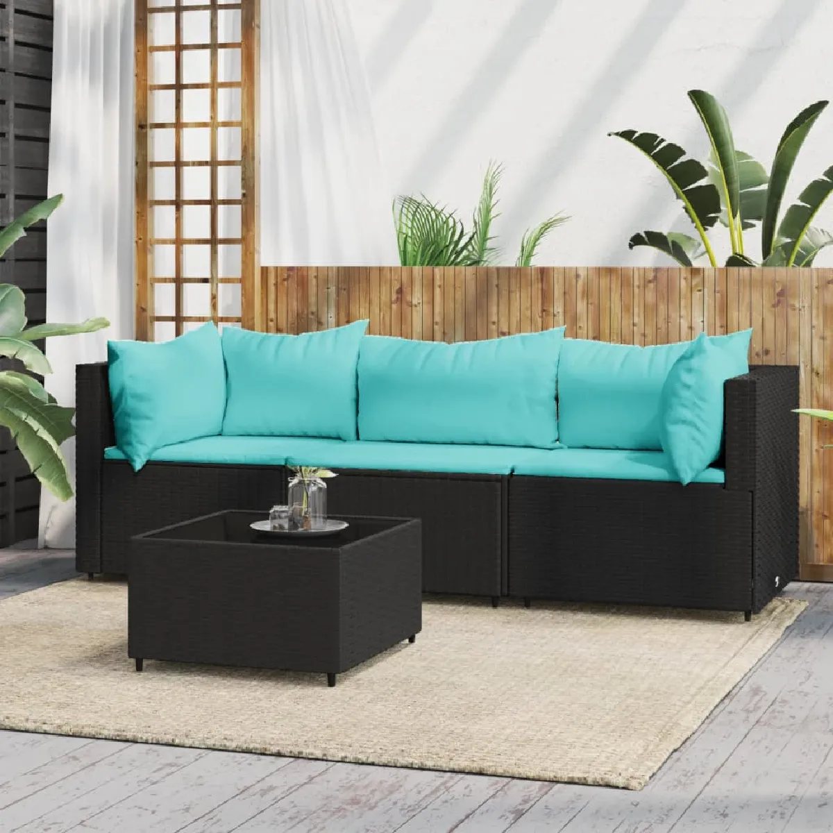 vidaXL Salon de jardin 4 pcs avec coussins Noir Résine tressée
