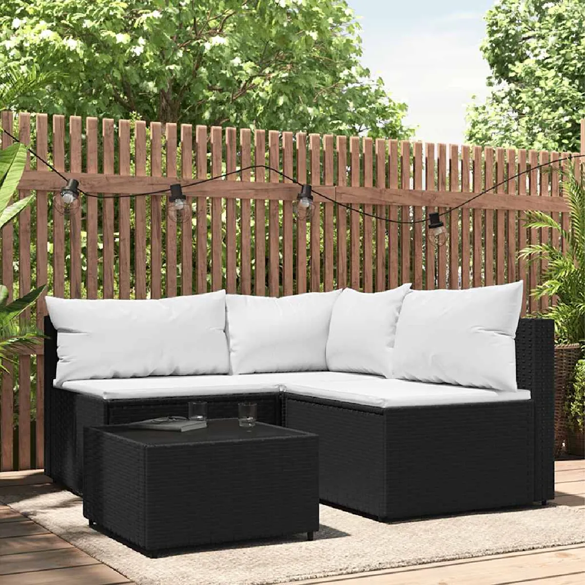 vidaXL Salon de jardin 4 pcs avec coussins Noir Résine tressée
