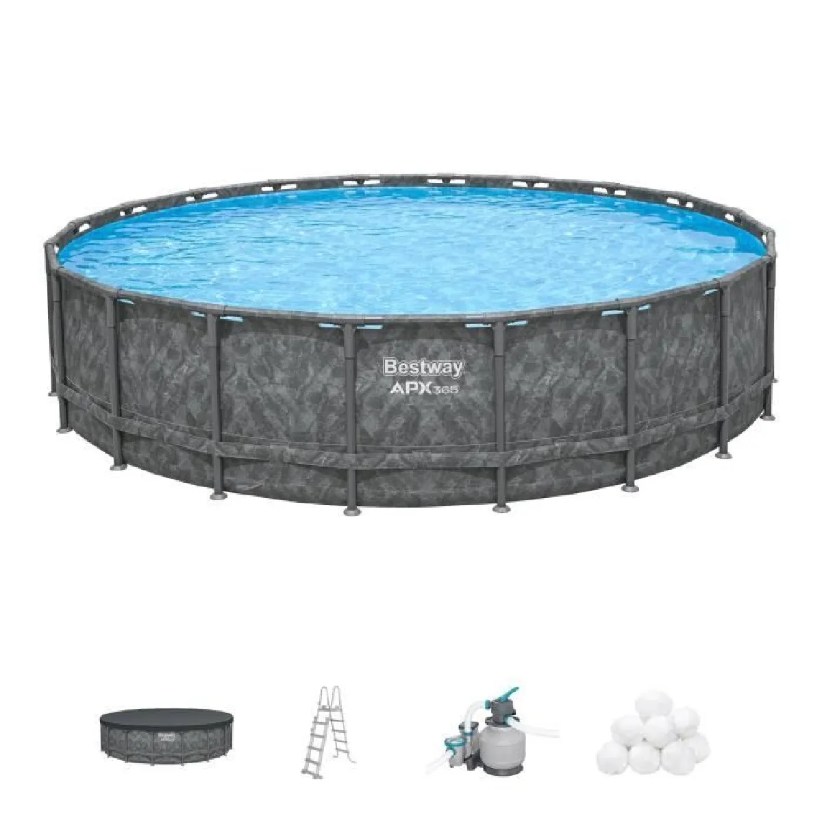 Bestway Kit piscine hors sol tubulaire - APX 365 - 671 x 132 cm - Ronde (Filtre à sable 500 g polysphère échelle bâche)