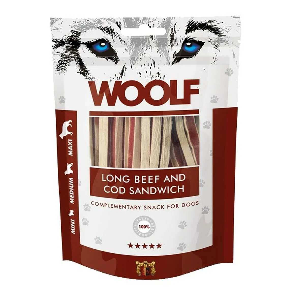 Snack pour chiens Woolf Long Beef and Cod Sandwich Viande de bœuf 100 g