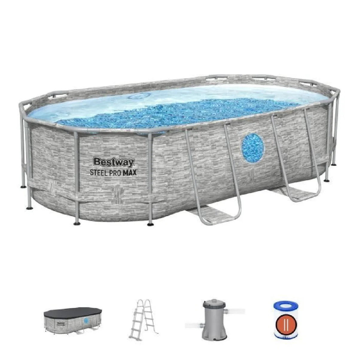 Kit Piscine hors sol tubulaire BESTWAY Steel Pro MAX™ 427 x 250 x 100 cm Ovale Filtre a cartouche échelle bâche 1 c
