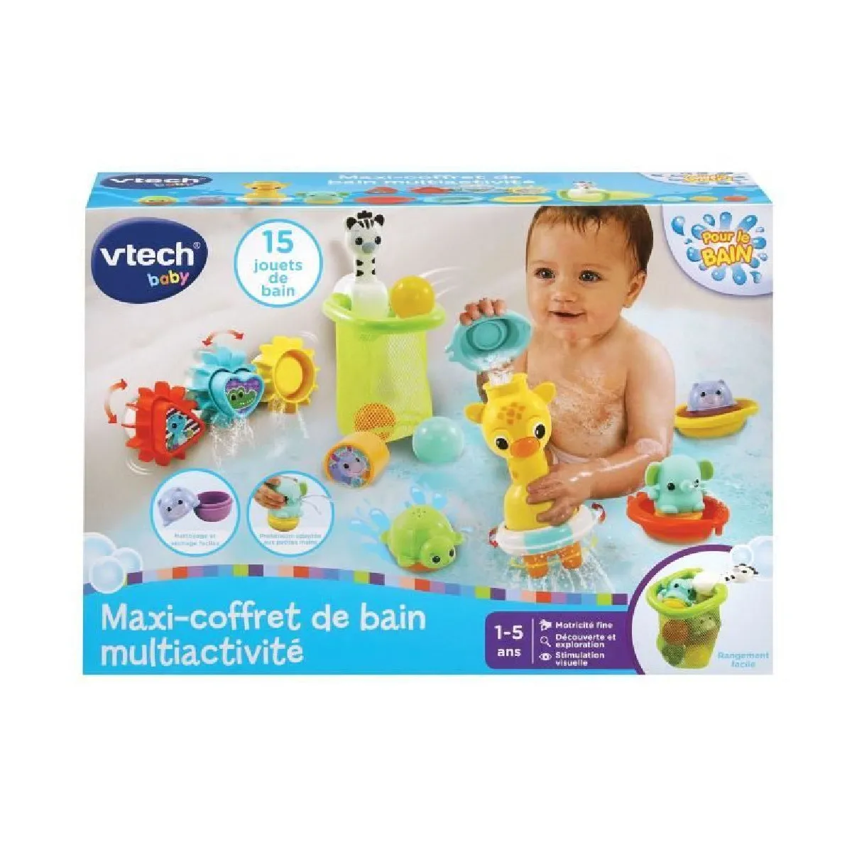 VTech Maxi Coffret de Bain Activité 15 Jouets de Bain Bébé Animaux Bateaux 3 Formes 3 Balles Filet de Rangement Cadeau Enfant Garçon et Fille Dès Contenu en Français - vue 4