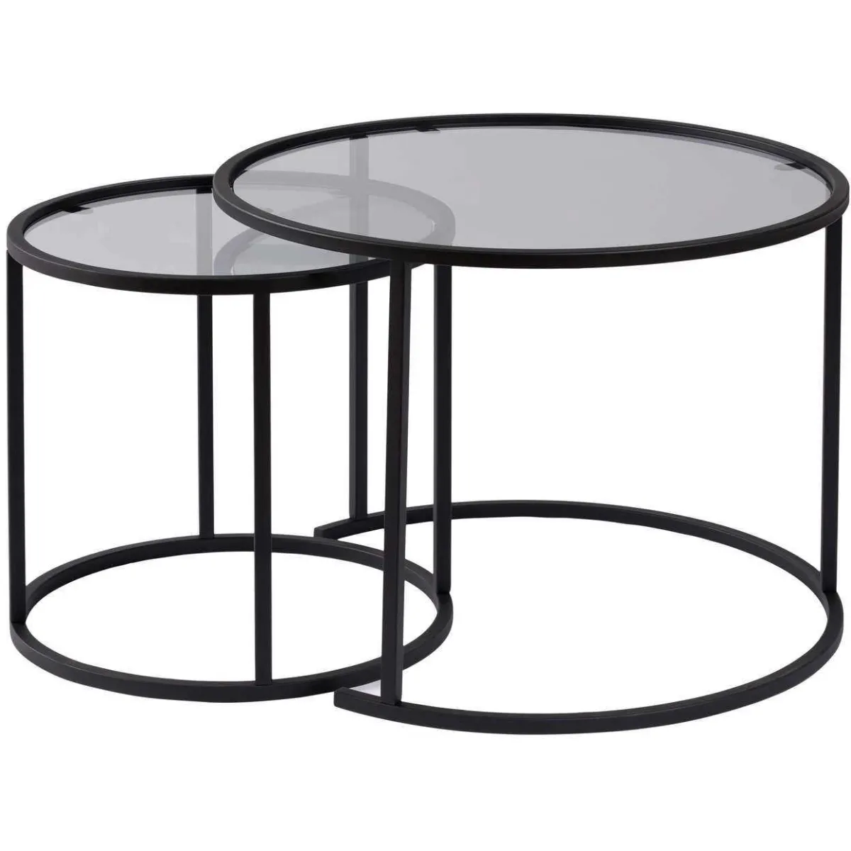Comparer les prix de Ensemble de 2 tables gigognes rondes en métal et verre Aurum noir avec verre gris.
