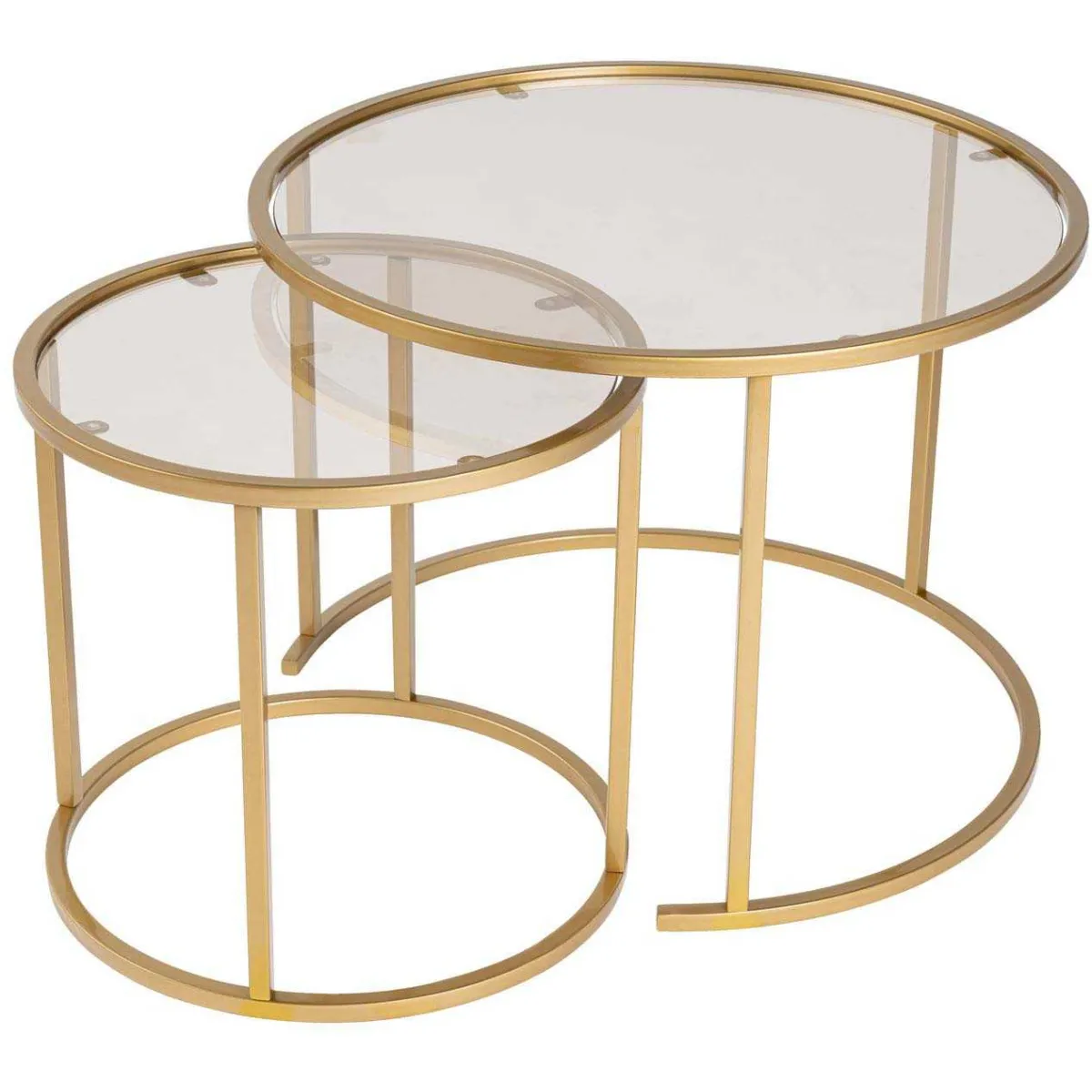 Comparer les prix de Ensemble de 2 tables gigognes rondes en métal et verre Aurum doré avec verre bronze.