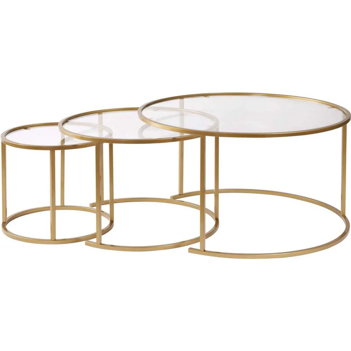Comparer les prix de Ensemble de 3 tables gigognes rondes en métal et verre Aurum doré verre transparent.