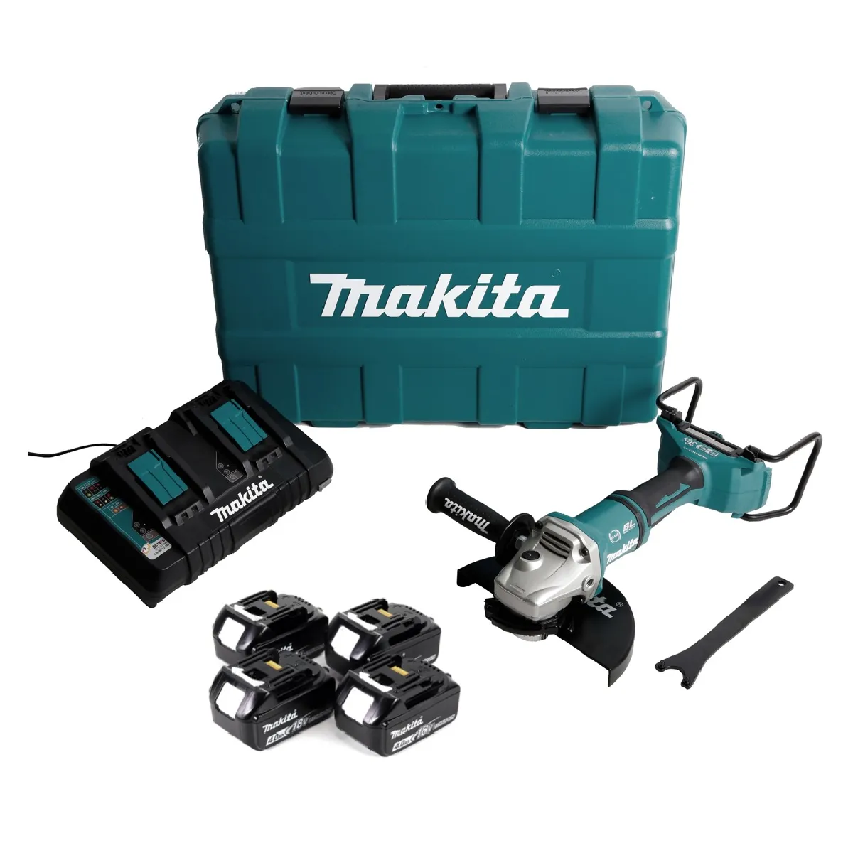 Makita DGA 900 PM4KX2 Meuleuse d'angle sans fil 36V 2x18V 230mm Brushless + 4x Batteries 4 0Ah + Chargeur double + Écrou de serrage rapide ''Ezynut'' + Coffret
