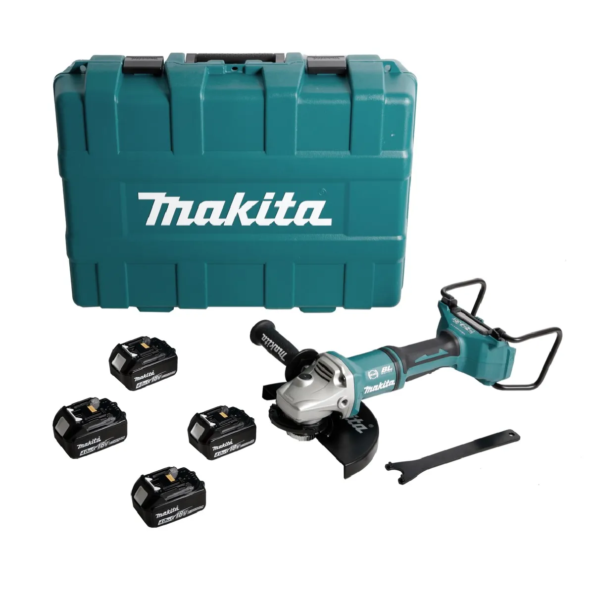 Makita DGA 900 M4KX2 Meuleuse d'angle sans fil 36V 2x18V 230mm Brushless + 4x Batteries 4 0Ah + Écrou de serrage rapide ''Ezynut'' + Coffret sans chargeur