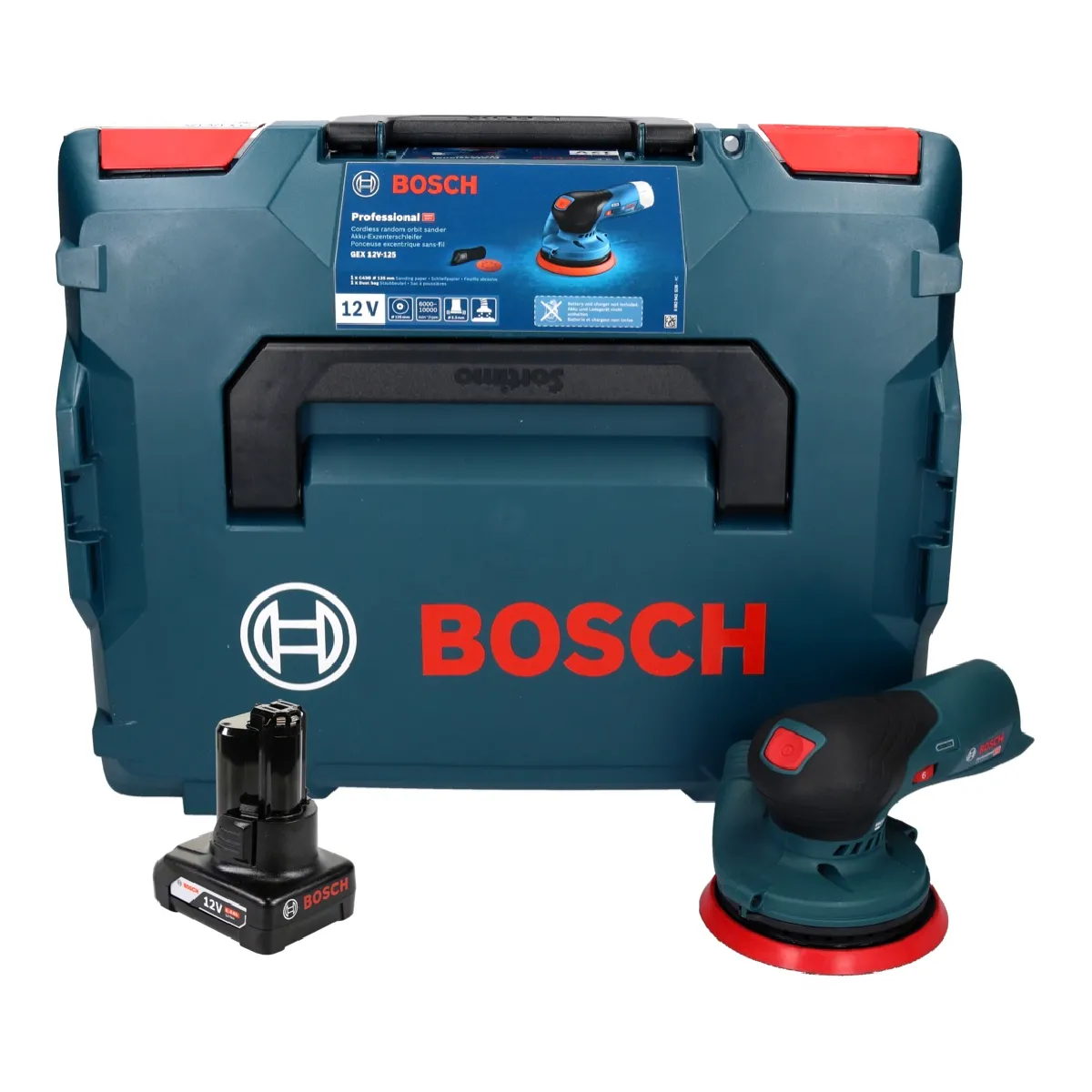 Bosch GEX 12V-125 Professional Ponceuse excentrique sans fil 12 V 125 mm brushless + 1x Batterie 6,0 Ah + L-Boxx - sans chargeur