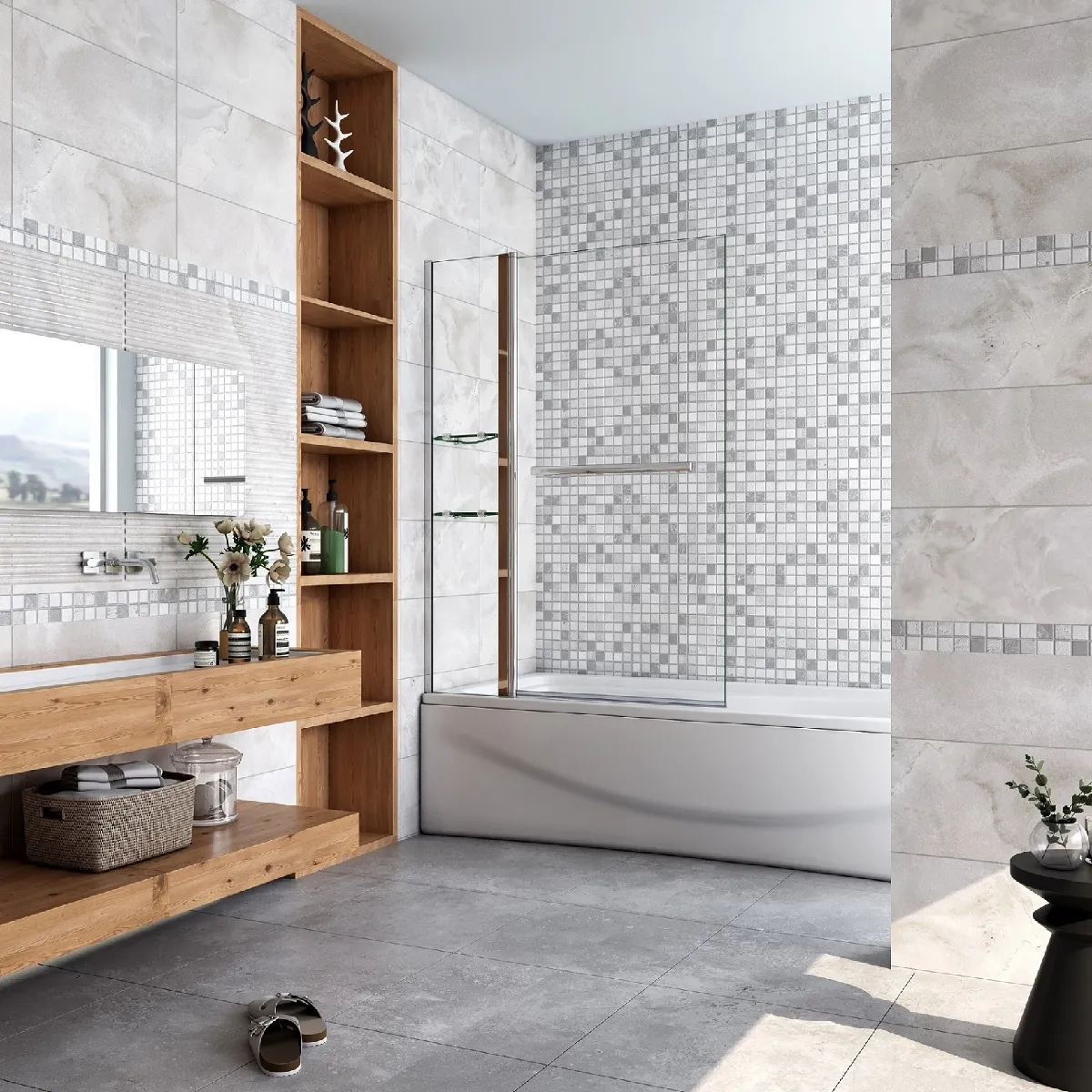 Pare-baignoire 100cm pivotant vers l'extérieur ou l'intérieur en verre trempé clair Hauteur 140cm écran de douche avec les étagères